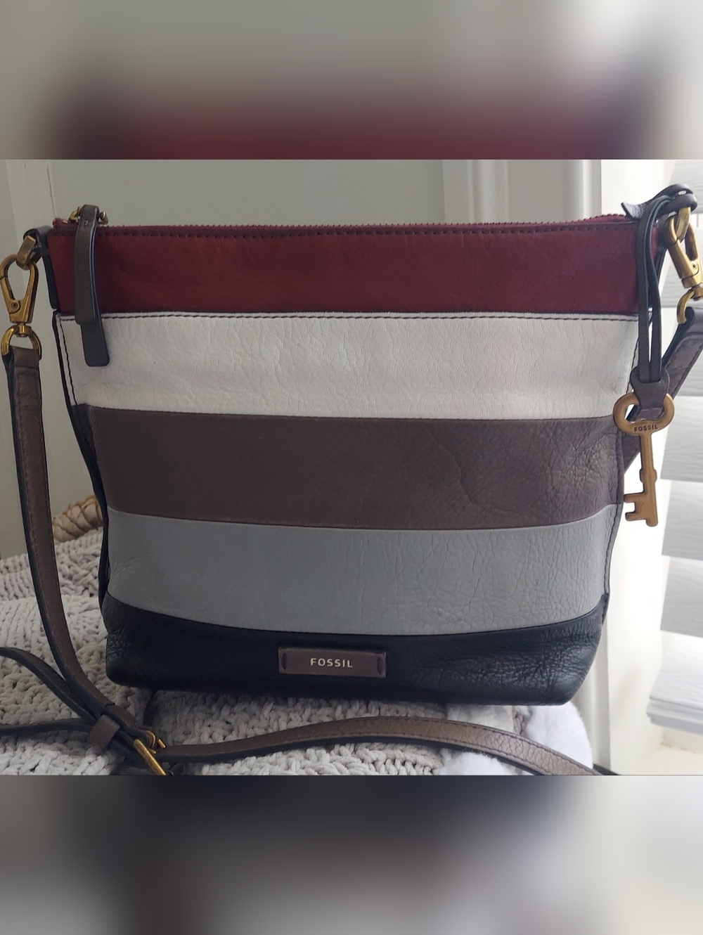 Fossil UnisexStriped Leather Messenger Bag — Burgundy, White, Brown, Gray, Black